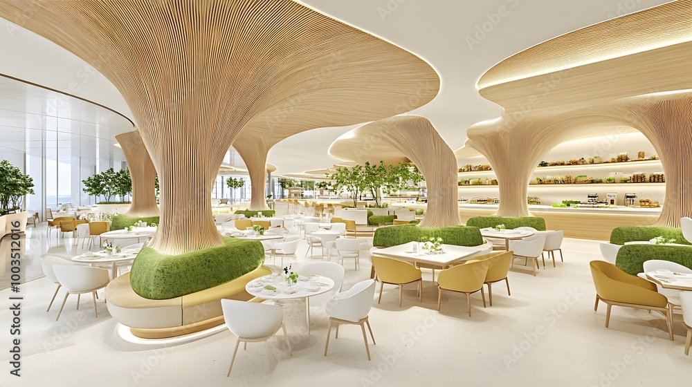 Modern Restaurant Interior Design with Wooden Ceiling and Green Plants ...