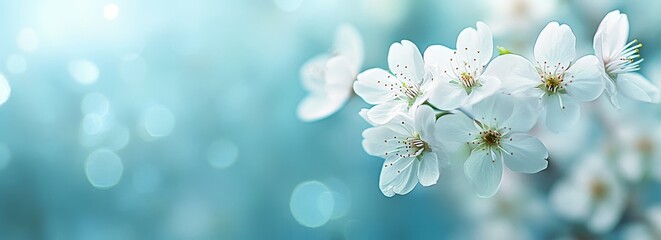 Wall Mural - white blossoms on a blue bokeh background with a shallow depth of field.