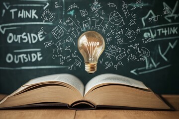 Poster - Open book with a glowing light bulb above it, and a chalkboard with the words 