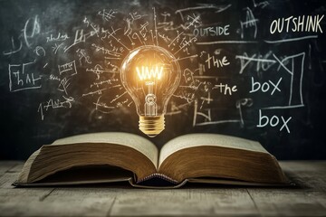 Poster - Open book with glowing light bulb above, on chalkboard with chalk writings, 