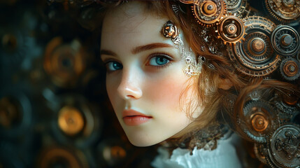 Canvas Print - Close-up portrait of a young woman with intricate steampunk-inspired details.