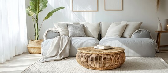 Wall Mural - A cozy living room with a gray sofa, a woven coffee table, and a potted plant in a woven basket.