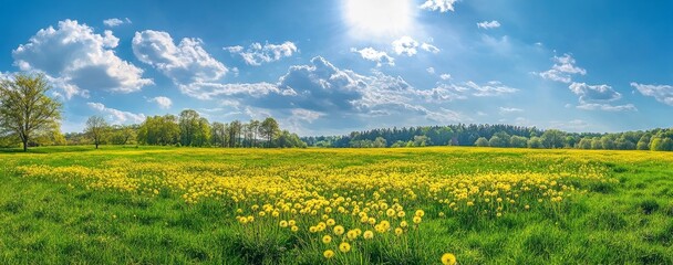 Wall Mural - a field of yellow dandelions under a bright blue sky with fluffy white clouds.