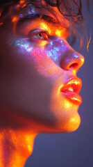 Canvas Print - Close-up of a young man's face, illuminated with colorful light.