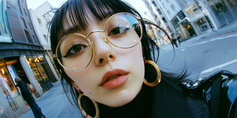 Wall Mural - Close up fisheye lens photograph of a young woman with black hair and bangs, wearing large gold hoop earrings and round glasses, generative AI