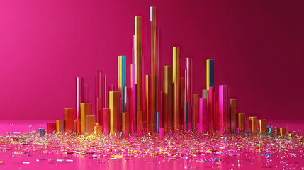 Wall Mural - Abstract cityscape with colorful shiny bars on a pink background.