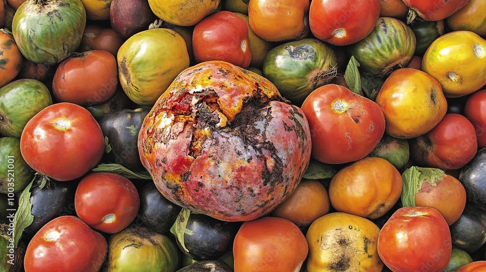 Fresh vegetables with a single rotten tomato in the center, symbolizing ...