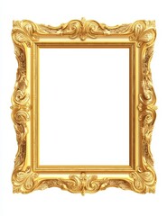 A ornate golden picture frame with intricate detailing isolated on white.