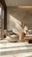 Canvas Print - Beige armchair in a modern living room with a light wood coffee table.