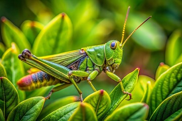 Wall Mural - A brilliant green grasshopper blends seamlessly with lush foliage in its vibrant natural habitat, captured in stunning