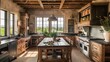 © improvee design - Rustic kitchen with wooden cabinets, a large wooden table, and a view of the mountains through the window.