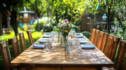 Rustic wooden table set in a lively garden backdrop, perfect for outdoor parties or intimate garden dinners