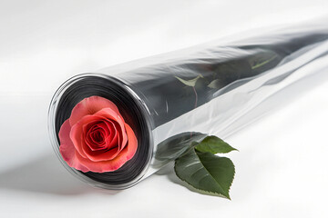 Crystal Clear Cellophane Roll Designed for Elegant Flower Packaging, Showcasing a Delicate Rose for a Beautiful Floral Presentation