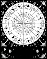 vector illustration of astrological symbols and signs on a black background