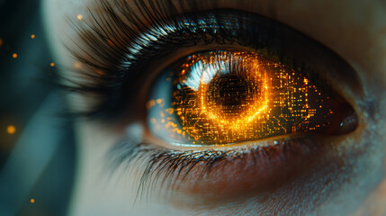 Wall Mural - Close-up of a glowing eye with digital circuitry.