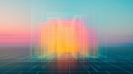 Canvas Print - Abstract digital cityscape with glowing lines against a pink and blue gradient sky.