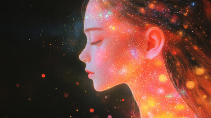 Sticker - Woman's face illuminated by a galaxy of stars.