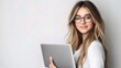 © CLOVER BACKGROUND - Young Woman Holding Tablet with Stylish Glasses