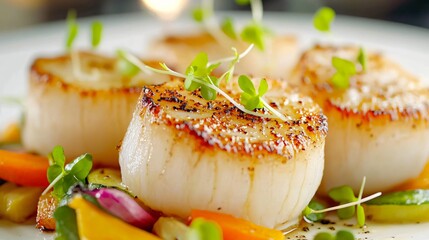 Close-up of seared scallops with vegetables on a white plate.