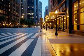 A quiet downtown street at dawn, with empty sidewalks and the first light of day reflecting off skyscrapers, ready for the city to wake up