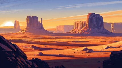 Sunset over a vast desert landscape with towering rock formations casting long shadows.