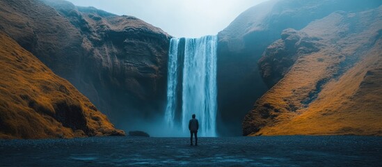 Wall Mural - a lone figure stands before a majestic waterfall cascading down a steep cliff face, with mist swirli