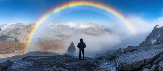 Wall Mural - a lone hiker stands on a mountain peak, looking out over a vast, misty landscape with a rainbow arch