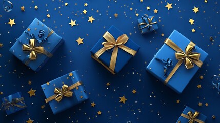 Wall Mural - generative ai illustration of elegant blue gift boxes with golden bows and ribbons on a blue backgro