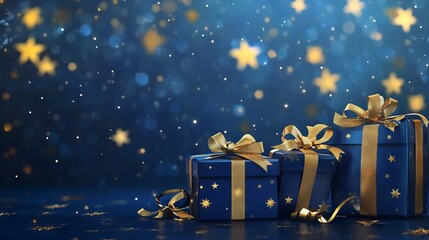 Wall Mural - generative ai illustration of elegant blue gift boxes with golden bows and ribbons on a blue backgro