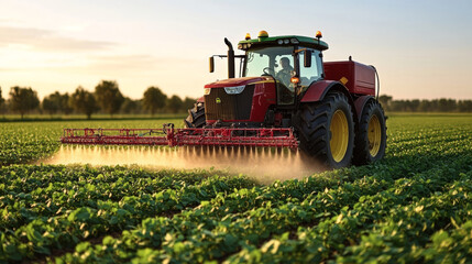 A red tractor sprays a field of green crops at sunset.