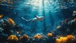 © Devian Art - A shark gliding through blue ocean water above a vibrant coral reef, with sunlight streaming through the surface.