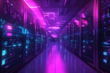 Wall Mural - Neon lit server room with glowing lights. Represents technological advancements and digital storage.