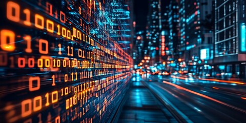 cityscape with glowing binary code and blurred lights.