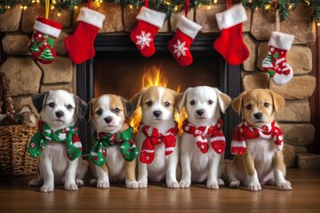 Wall Mural - Group of puppies in matching holiday scarves by a decorated fireplace with stockings