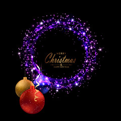 Wall Mural - Merry Christmas. Isolated round shiny wreath in purple gradient with New Year toys.