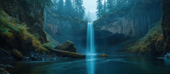 Wall Mural - a majestic waterfall cascades down a cliff face, creating a serene scene in a misty forest.