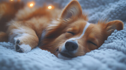 Canvas Print - A small, fluffy dog sleeps peacefully on a soft blanket.