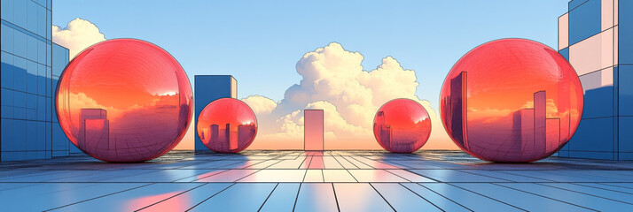 Canvas Print - Red orbs reflecting the sunset and clouds in a futuristic cityscape.