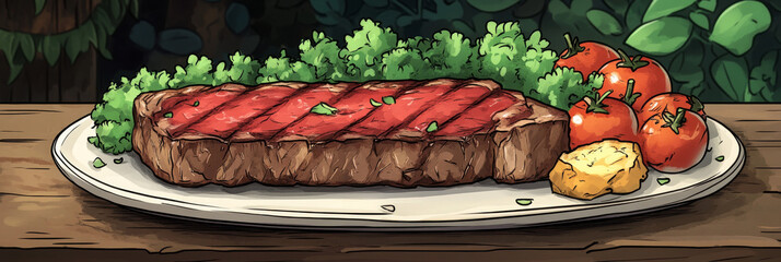 Wall Mural - A juicy steak with tomatoes and green garnish on a white plate.