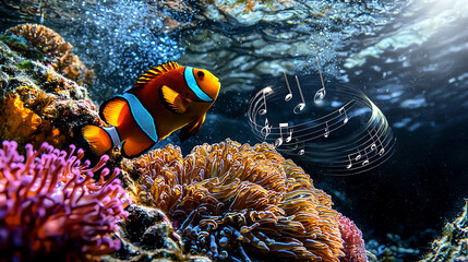 Clownfish swimming near coral with musical notes underwater, vibrant marine life.