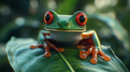 A frog on a green leaf in a close-up, with a red-eyed gaze