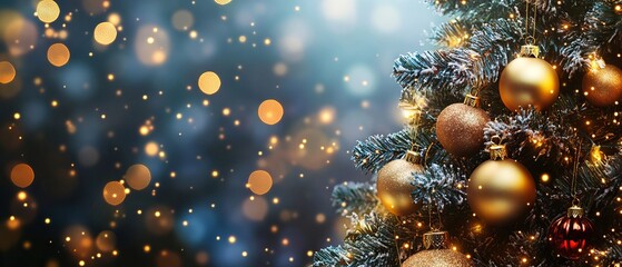 Wall Mural - festive christmas holidays banner with decorated tree and sparkling bokeh lights background