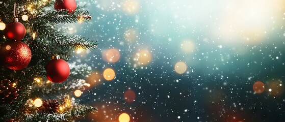 Wall Mural - festive christmas holidays banner with decorated tree and sparkling bokeh lights background