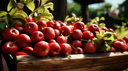 Wall Mural - Freshly picked red apples displayed in a wooden crate under sunlight at a farm in autumn