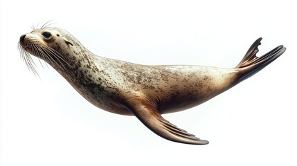 Seal swimming gracefully in clear water, white isolated background