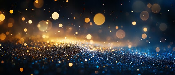 Wall Mural - abstract glitter lights background with blue, gold, and black colors, defocused sparkling banner for