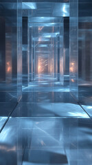 Wall Mural - A futuristic hallway with glass walls and a bright light at the end.