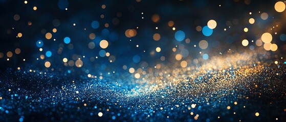 Abstract glitter lights background with blue, gold, and black colors, defocused sparkling banner for festive and elegant designs