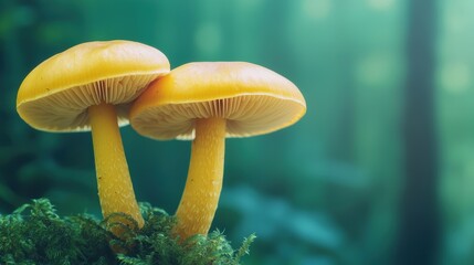 Two yellow mushrooms growing in green forest environment