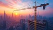 © suphamit - A tower crane is placed next to a high-rise building under construction, with the city skyline in the background